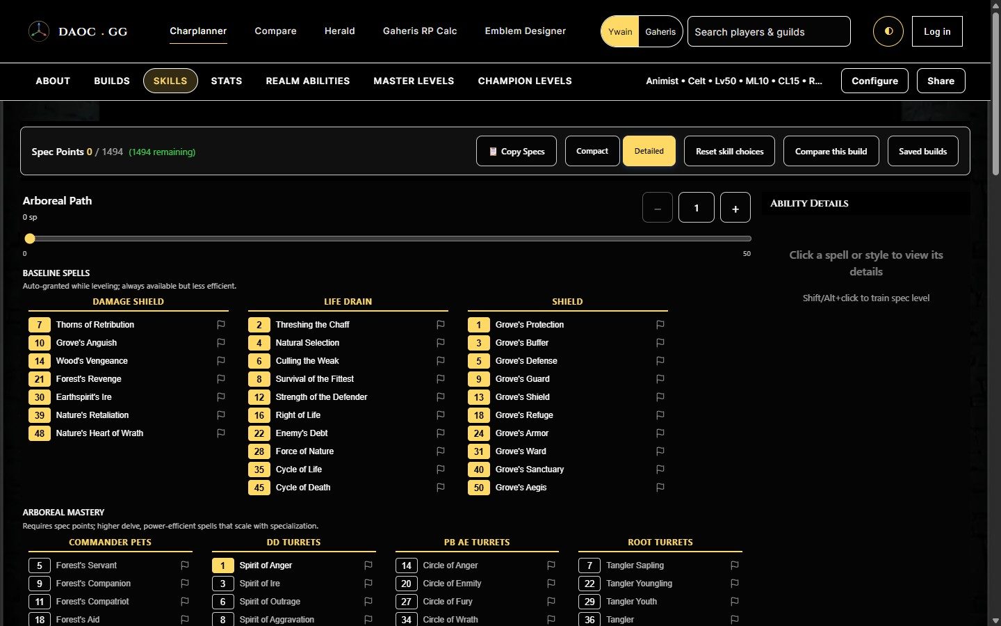 The DAoC.gg Character Planner, showing an Animist spec build